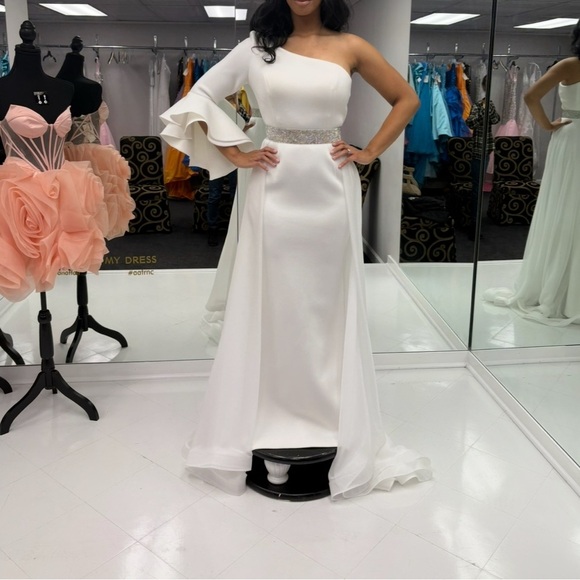 Elegant White Jovani One-Shoulder Gown - Picture 2 of 2